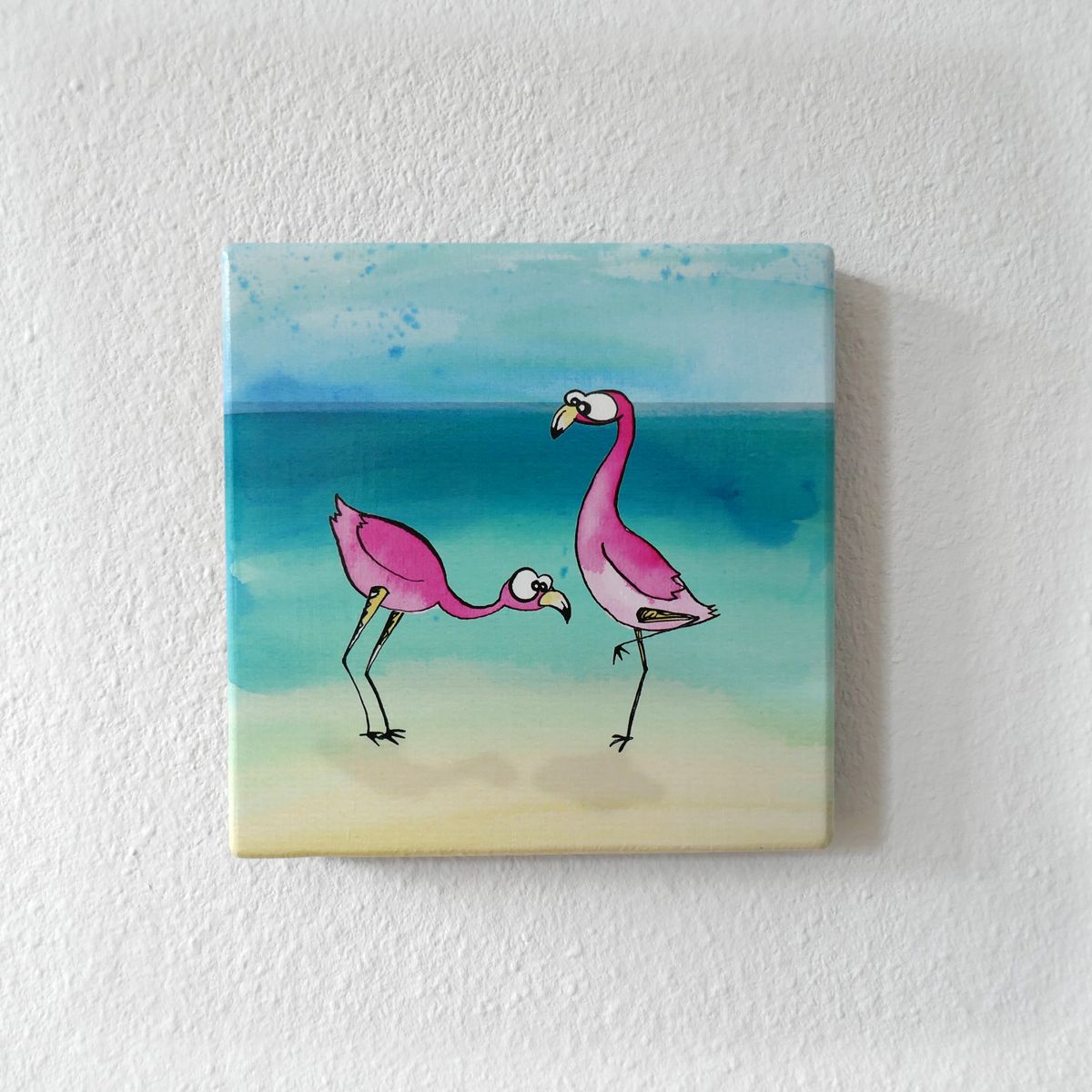 Handgemaakte wenskaart - Flamingo - On Wood - Art by Margreet Rijlaarsdam